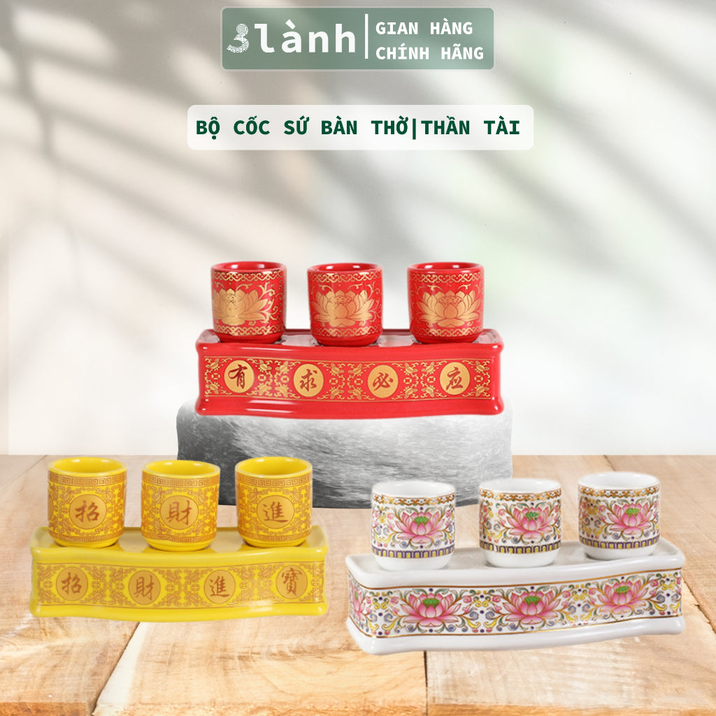 Bộ 3 Ly Cốc Thờ Cúng Bàn Thờ Thần Tài Thổ Địa Gốm Sứ Cao Cấp Cao 7,5cm Hoa Văn Sen 3 Lành - 3 Lanh