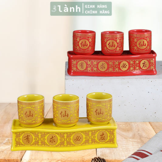 Bộ 3 Ly Cốc Thờ Cúng Bàn Thờ Thần Tài Thổ Địa Gốm Sứ Cao Cấp Cao 7,5cm Hoa Văn Sen 3 Lành - 3 Lanh
