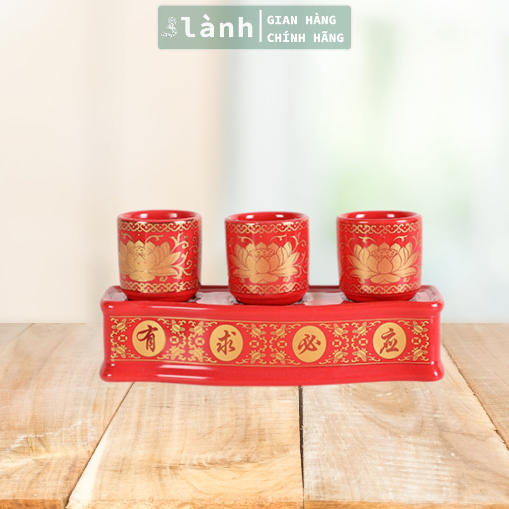 Bộ 3 Ly Cốc Thờ Cúng Bàn Thờ Thần Tài Thổ Địa Gốm Sứ Cao Cấp Cao 7,5cm Hoa Văn Sen 3 Lành - 3 Lanh
