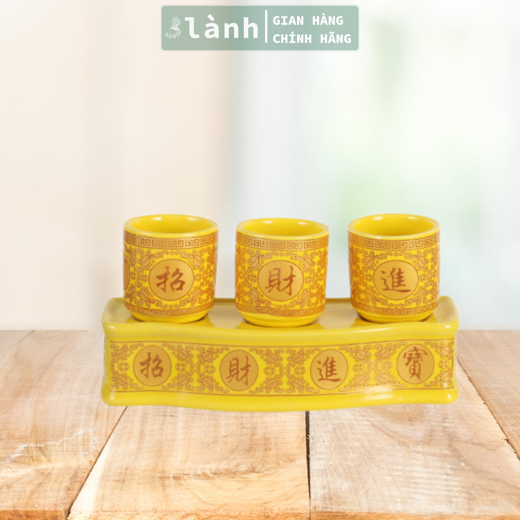 Bộ 3 Ly Cốc Thờ Cúng Bàn Thờ Thần Tài Thổ Địa Gốm Sứ Cao Cấp Cao 7,5cm Hoa Văn Sen 3 Lành - 3 Lanh