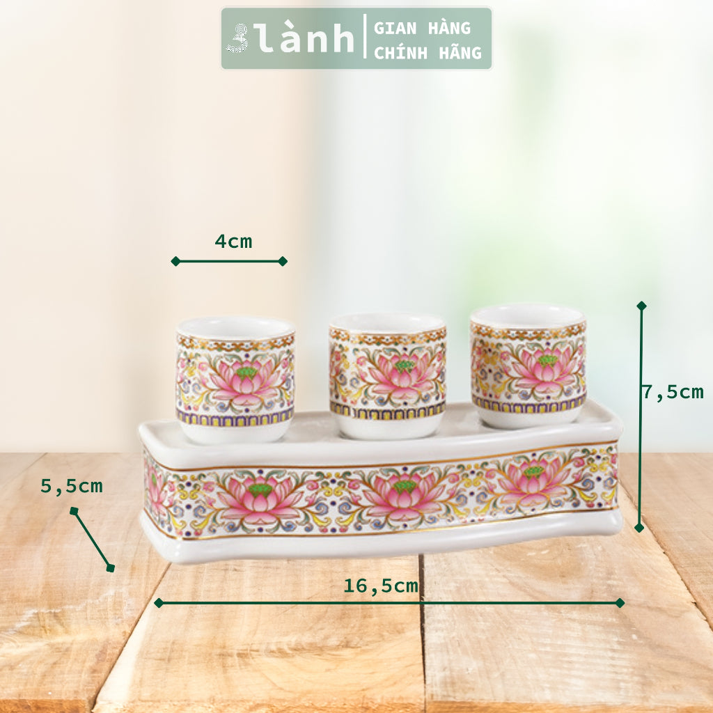 Bộ 3 Ly Cốc Thờ Cúng Bàn Thờ Thần Tài Thổ Địa Gốm Sứ Cao Cấp Cao 7,5cm Hoa Văn Sen 3 Lành - 3 Lanh