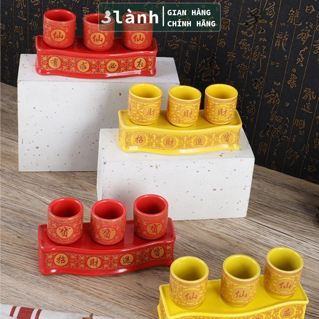 Bộ 3 Ly Cốc Thờ Cúng Bàn Thờ Thần Tài Thổ Địa Gốm Sứ Cao Cấp Cao 7,5cm Hoa Văn Sen 3 Lành - 3 Lanh