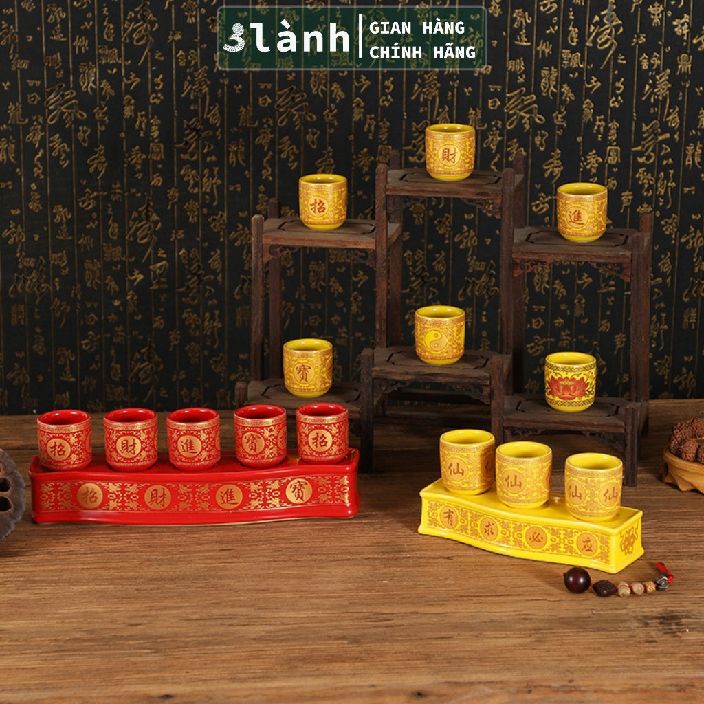 Bộ 3 Ly Cốc Thờ Cúng Bàn Thờ Thần Tài Thổ Địa Gốm Sứ Cao Cấp Cao 7,5cm Hoa Văn Sen 3 Lành - 3 Lanh