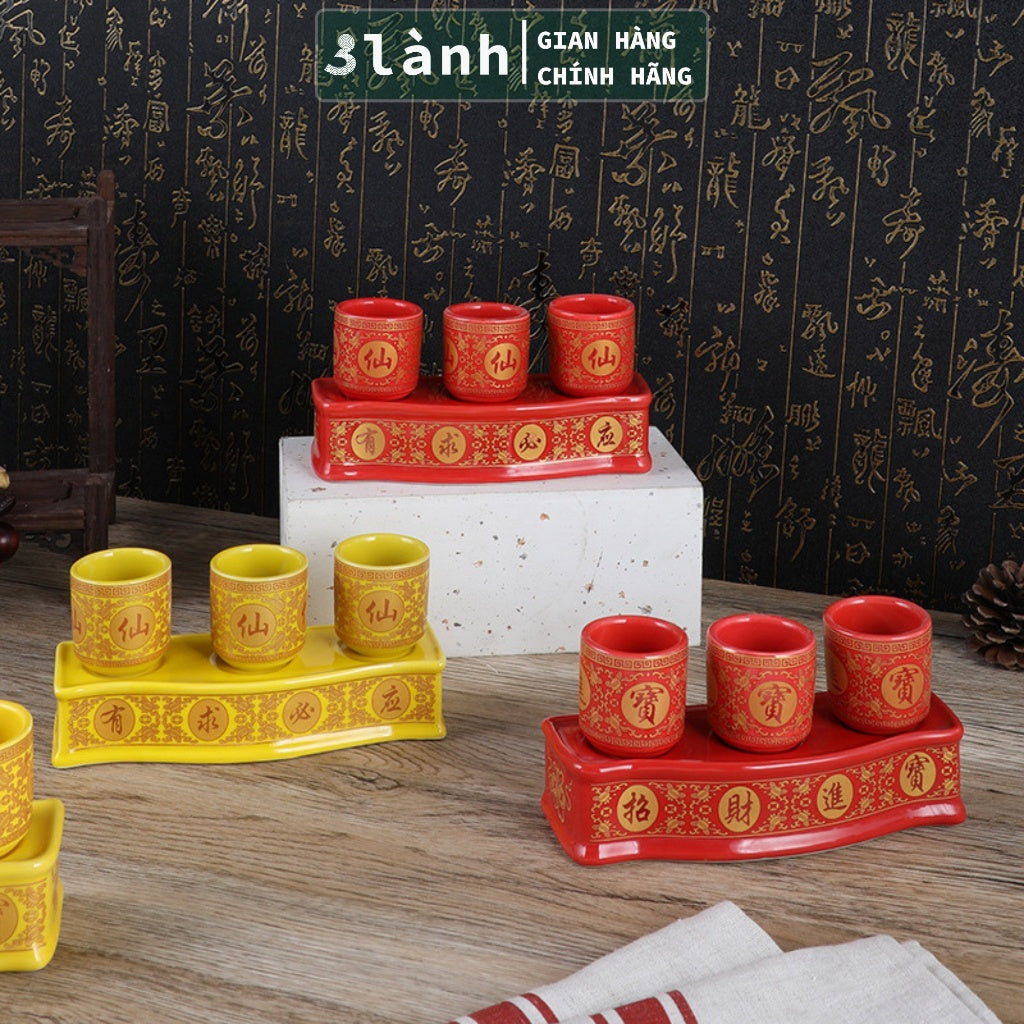Bộ 3 Ly Cốc Thờ Cúng Bàn Thờ Thần Tài Thổ Địa Gốm Sứ Cao Cấp Cao 7,5cm Hoa Văn Sen 3 Lành - 3 Lanh