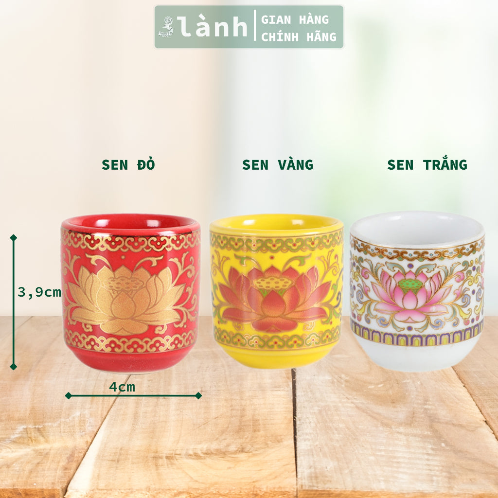 Bộ 3 Ly Cốc Thờ Cúng Bàn Thờ Thần Tài Thổ Địa Gốm Sứ Cao Cấp Cao 7,5cm Hoa Văn Sen 3 Lành - 3 Lanh