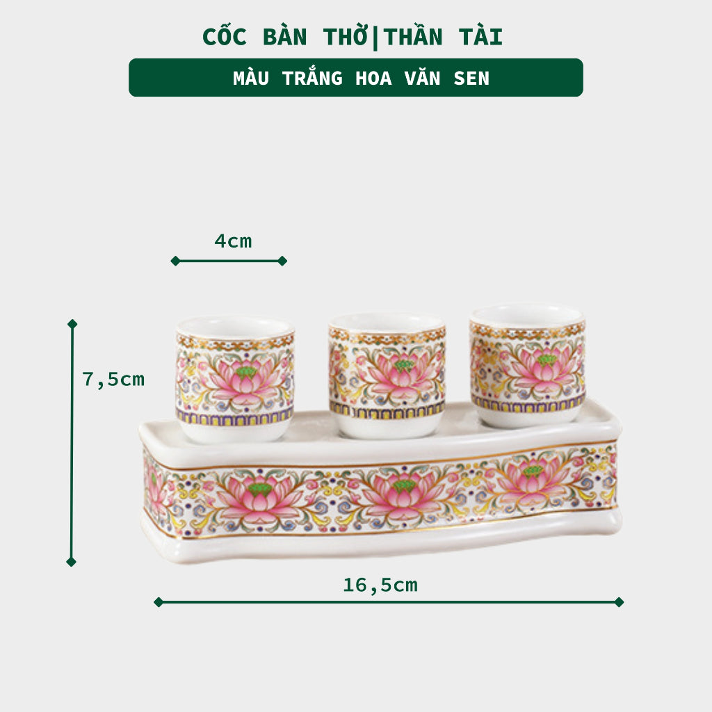 Bộ 3 Ly Cốc Thờ Cúng Bàn Thờ Thần Tài Thổ Địa Gốm Sứ Cao Cấp Cao 7,5cm Hoa Văn Sen 3 Lành - 3 Lanh