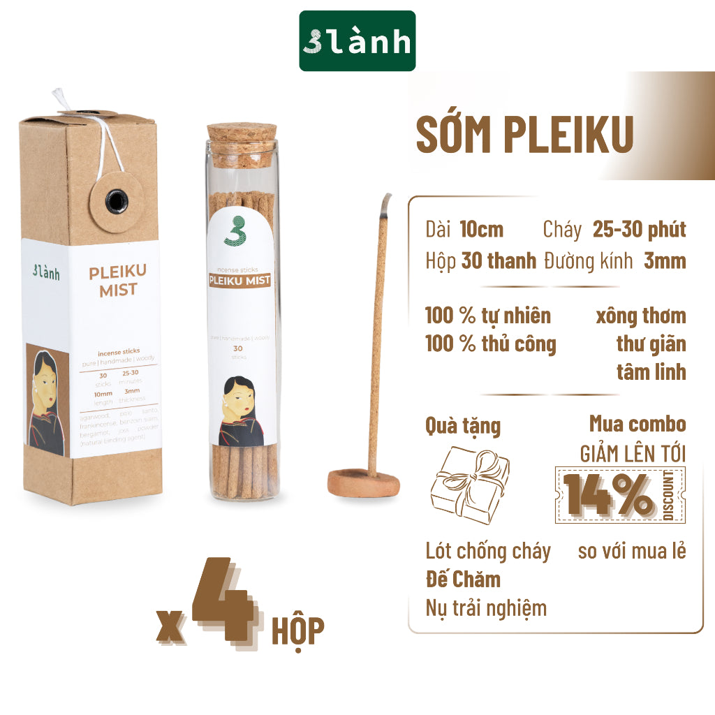Nhang Thủ Công Sớm Pleiku 3 Lành Hộp 30 Que 100 % Tự Nhiên Tặng Kèm Đế Chăm Không Hóa Chất Xông Thơm