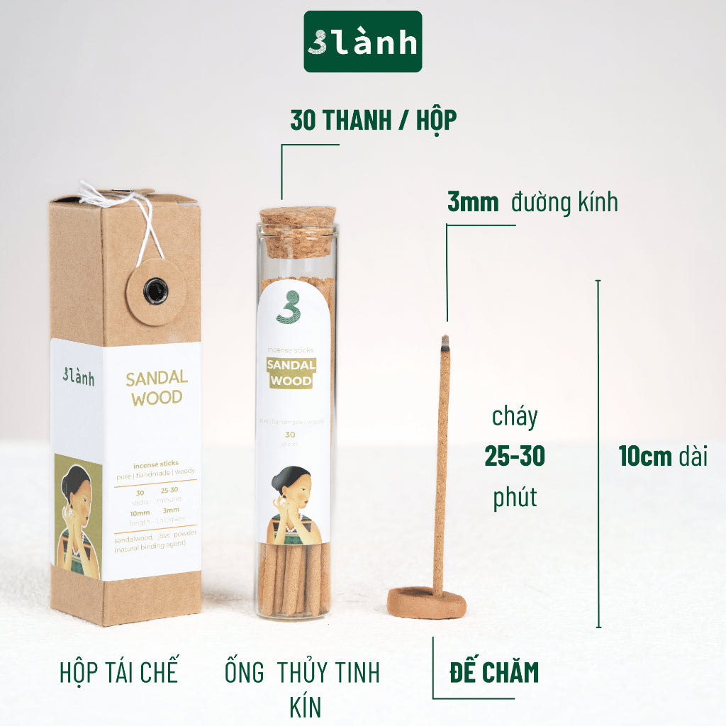 Nhang Thủ Công Đàn Hương 3 Lành Hộp 30 Que 100 % Tự Nhiên Tặng Kèm Đế Chăm Không Hóa Chất Xông Thơm