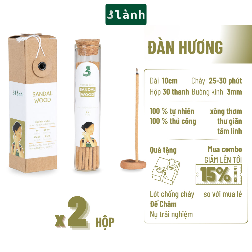 Nhang Thủ Công Đàn Hương 3 Lành Hộp 30 Que 100 % Tự Nhiên Tặng Kèm Đế Chăm Không Hóa Chất Xông Thơm
