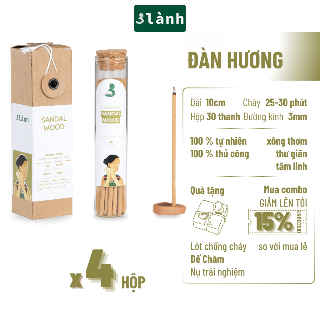 Nhang Thủ Công Đàn Hương 3 Lành Hộp 30 Que 100 % Tự Nhiên Tặng Kèm Đế Chăm Không Hóa Chất Xông Thơm