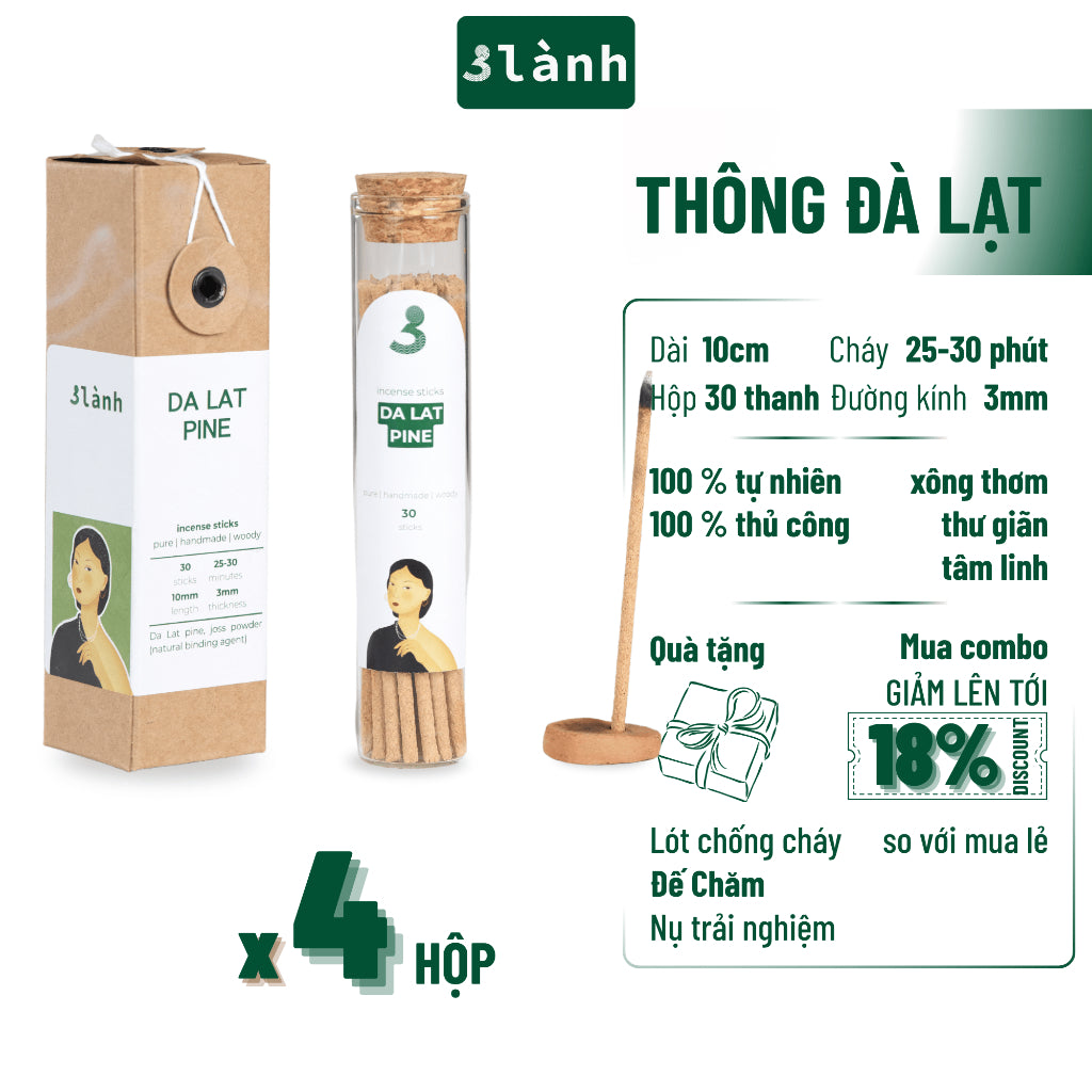 Nhang Thủ Công Thông Đà Lạt 3 Lành Hộp 30 Que 100 % Tự Nhiên Tặng Kèm Đế Chăm Không Hóa Chất Xông Thơm