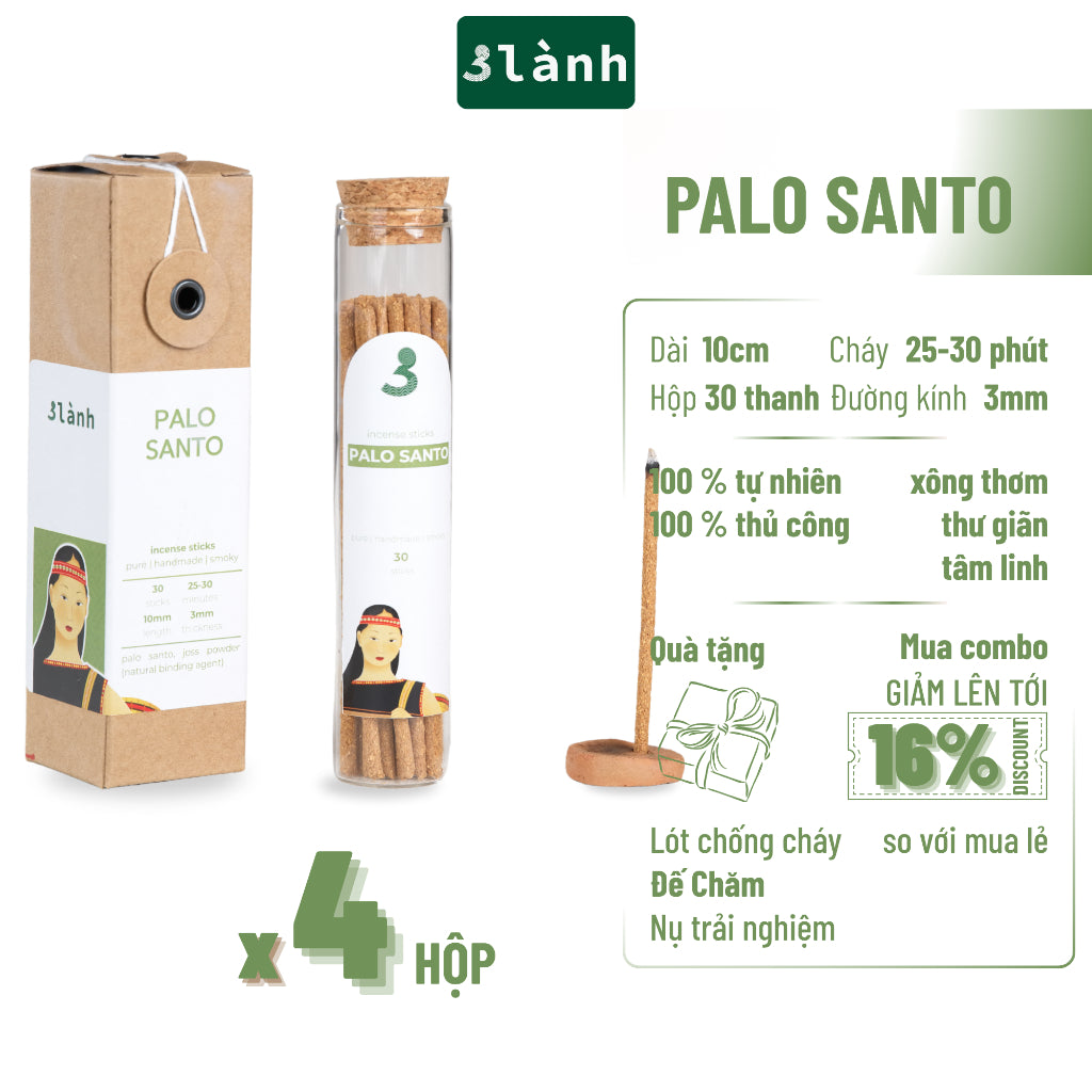 Nhang Thủ Công Palo Santo 3 Lành Hộp 30 Que 100 % Tự Nhiên Tặng Kèm Đế Chăm Không Hóa Chất Xông Thơm