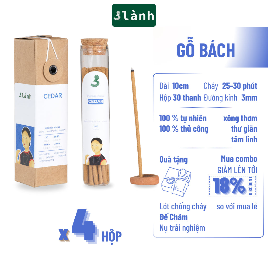 Nhang Thủ Công Gỗ Bách Cedar 3 Lành Hộp 30 Que 100 % Tự Nhiên Tặng Kèm Đế Chăm Không Hóa Chất Xông Thơm