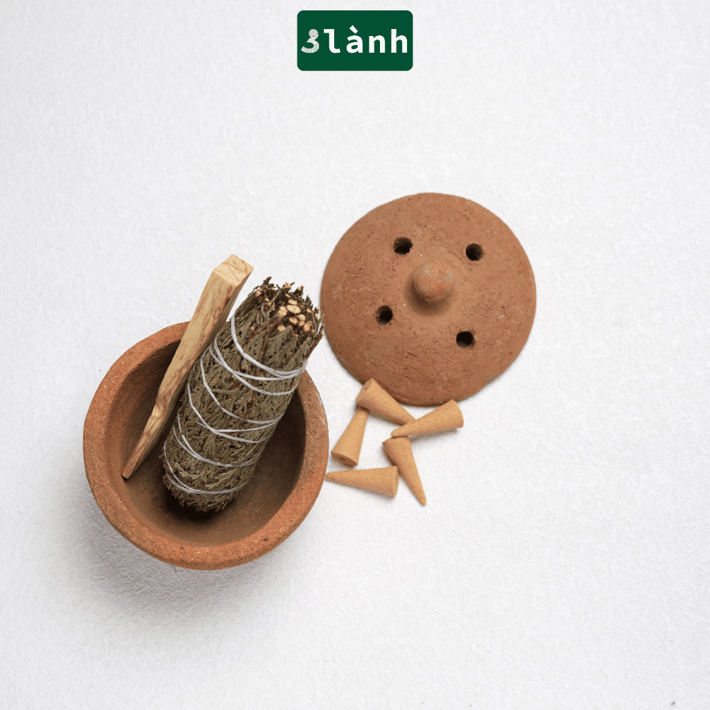 Lư Xông Thủ Công Chăm Bằng Đất Sét 3 Lành - Dùng Đốt Nụ Trầm, Nụ Thảo Mộc, Bó Xông, Gỗ Thánh - Phong Cách Thuần Việt