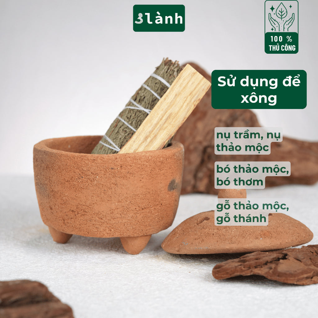 Lư Xông Thủ Công Chăm Bằng Đất Sét 3 Lành - Dùng Đốt Nụ Trầm, Nụ Thảo Mộc, Bó Xông, Gỗ Thánh - Phong Cách Thuần Việt