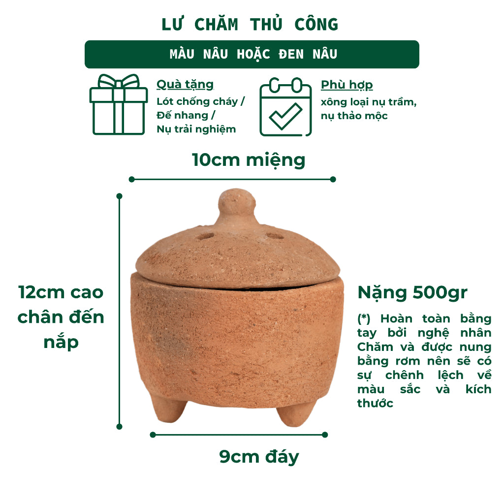 Lư Xông Thủ Công Chăm Bằng Đất Sét 3 Lành - Dùng Đốt Nụ Trầm, Nụ Thảo Mộc, Bó Xông, Gỗ Thánh - Phong Cách Thuần Việt