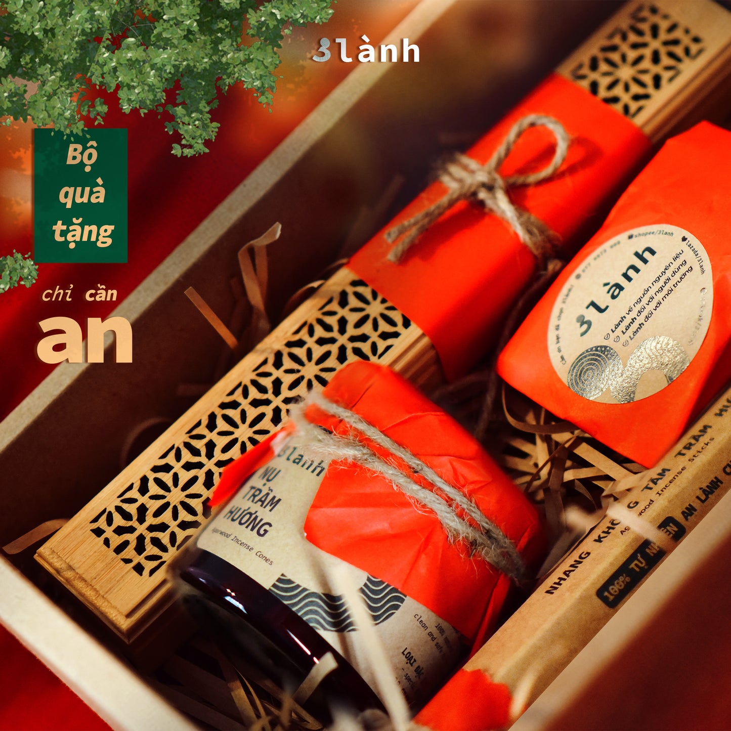 Bộ Quà Tặng Trầm Hương Cao Cấp An 3 Lành Lễ Tết 2024 Giáng Sinh Mong An Yên Tài Lộc Phúc Lành Trang Trí Nhà Cửa - 3 Lanh