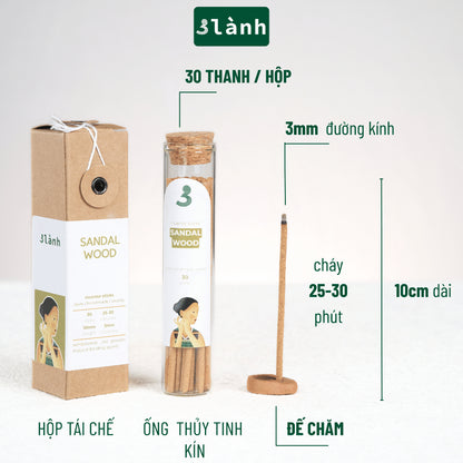 Nhang Thủ Công Đàn Hương 3 Lành Hộp 30 Que 100 % Tự Nhiên Tặng Kèm Đế Chăm Không Hóa Chất Xông Thơm