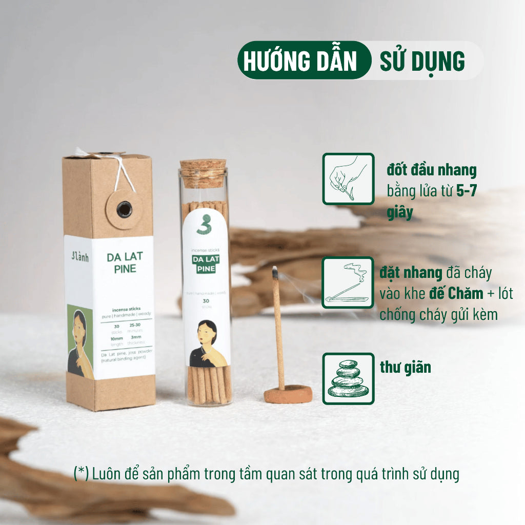 Nhang Thủ Công Thông Đà Lạt 3 Lành Hộp 30 Que 100 % Tự Nhiên Tặng Kèm Đế Chăm Không Hóa Chất Xông Thơm