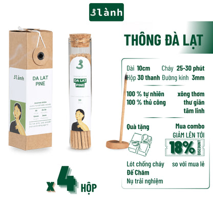 Nhang Thủ Công Thông Đà Lạt 3 Lành Hộp 30 Que 100 % Tự Nhiên Tặng Kèm Đế Chăm Không Hóa Chất Xông Thơm