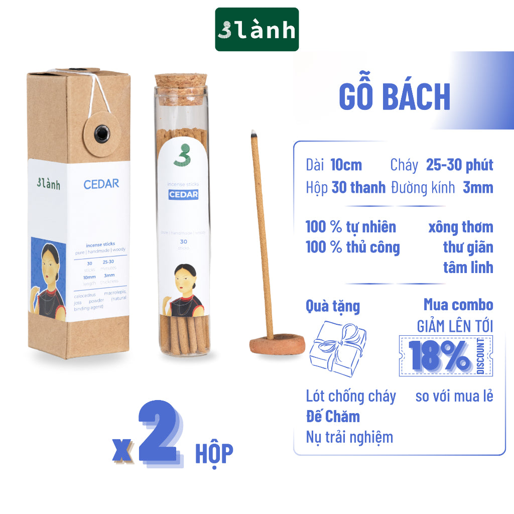 Nhang Thủ Công Gỗ Bách Cedar 3 Lành Hộp 30 Que 100 % Tự Nhiên Tặng Kèm Đế Chăm Không Hóa Chất Xông Thơm