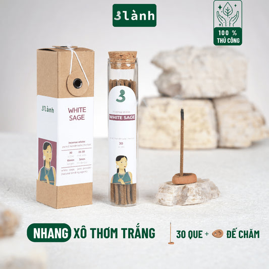 Nhang Thủ Công Xô Thơm Trắng 3 Lành Hộp 30 Que 100 % Tự Nhiên Tặng Kèm Đế Chăm Không Hóa Chất Xông Thơm
